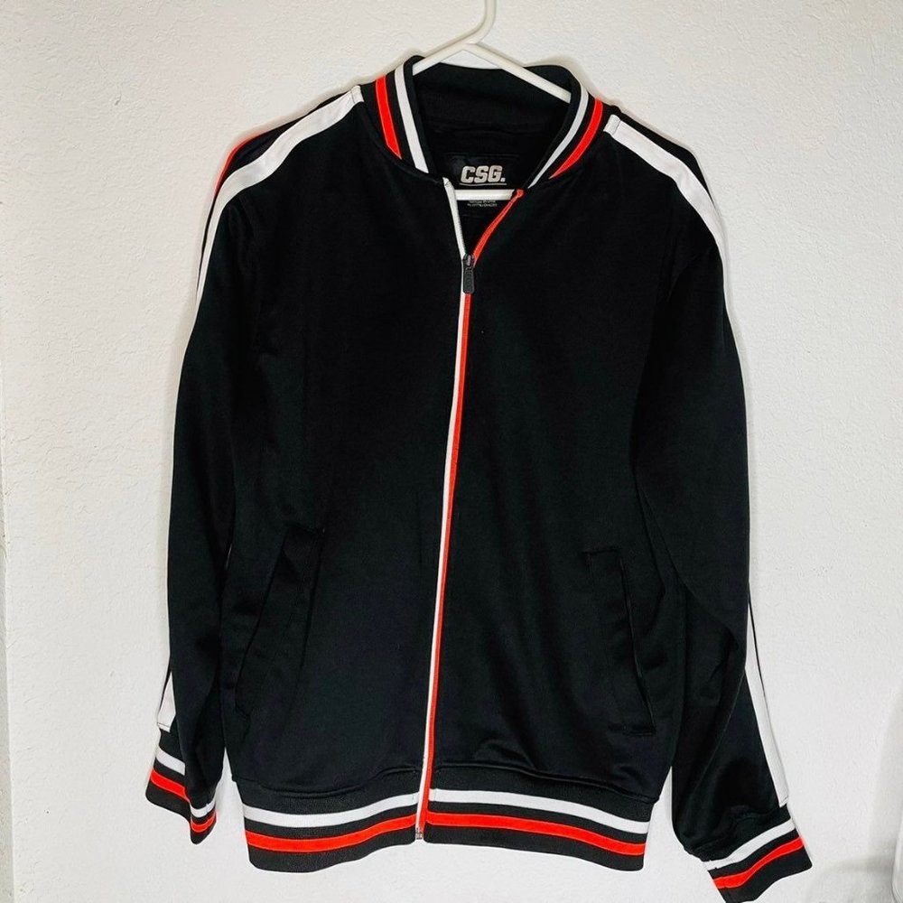 CSG Track Jacket Black Orange White Trim Size Medium Zip Front Pockets